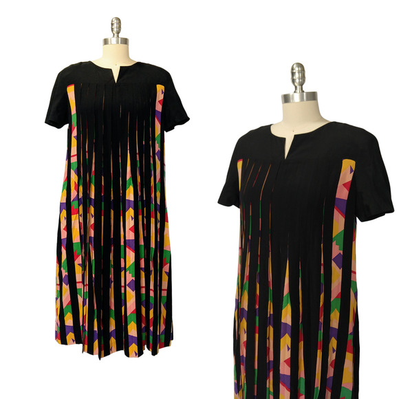 Vintage Silk Avant Garde Midi Dress Size S M Pleated Multi Color Art to Wear - Picture 1 of 10